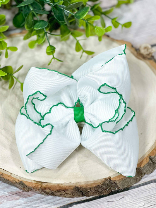 White with Green Moonstitch Hair Bow